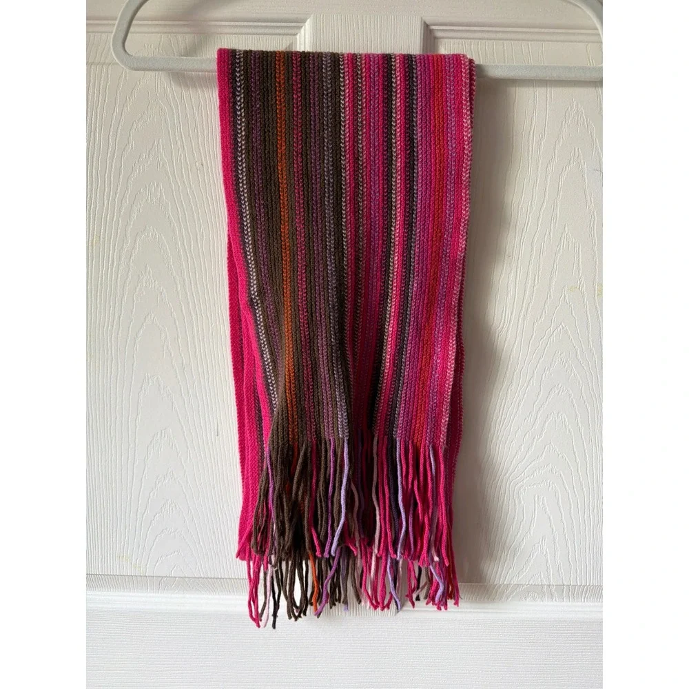 William Brunton Hand Knits Scarf Women OS Pink Brown Striped Lambswool Scotland